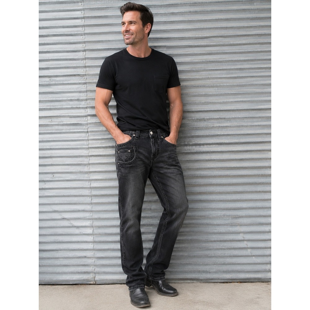 Rock Revival Sayer Straight Leg Jeans Mens 34 Faded Black Distress Fleur De Lis